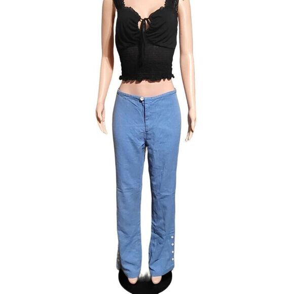 women's high-waist blue elastic waist with buttons on hem pants M - Picture 1 of 7